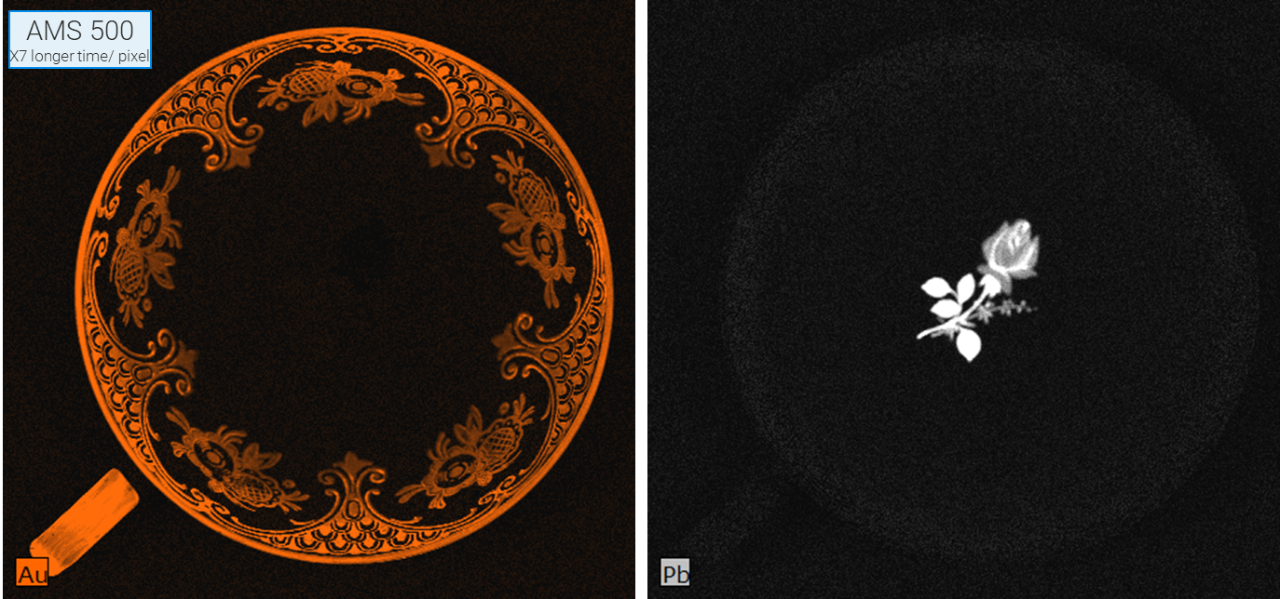 Elemental maps for gold and lead of a highly-decorated teacup taken with an aperture management system and extended measurement time. The gold leaf detail on the inside surface of the cup and the lead-based painting in the deepest point of the cup are well resolved with fine details visible.