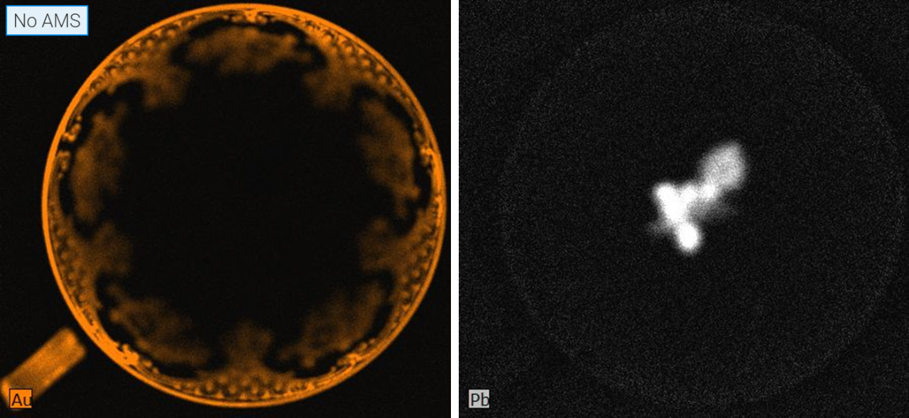 Elemental maps for gold and lead of a highly-decorated teacup taken without an aperture management. Only the gold leaf on the outer rim is resolved. The inner gold leaf and the lead-based painting in the deepest point of the cup are blurred and unresolved.