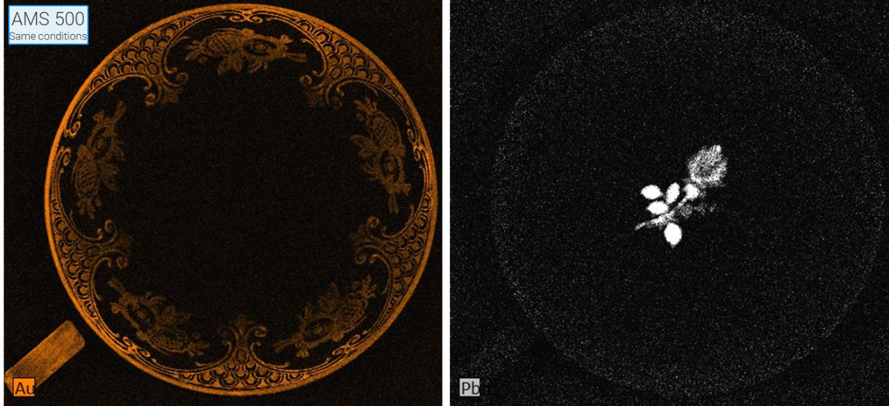 Elemental maps for gold and lead of a highly-decorated teacup taken with an aperture management. The gold leaf detail on the inside surface of the cup and the lead-based painting in the deepest point of the cup are slightly resolved with details visible.