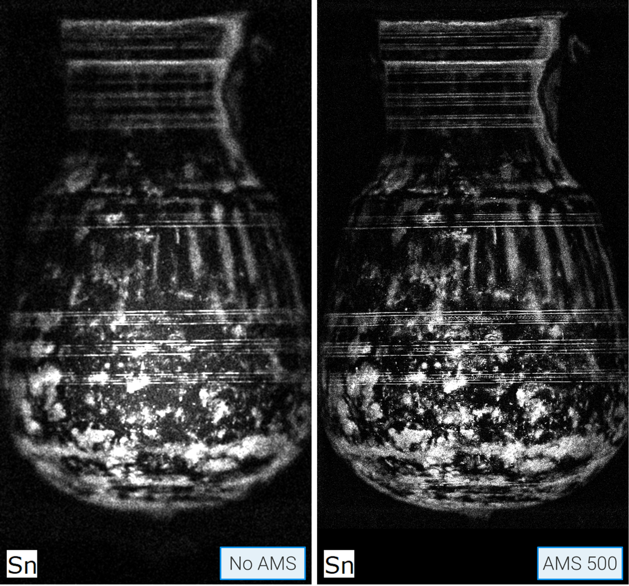 Comparison showing elemental maps of a metallic cauldron for copper with and without the use of an AMS. The use of an aperture management system allows more details to be visualized on the 3D structure.