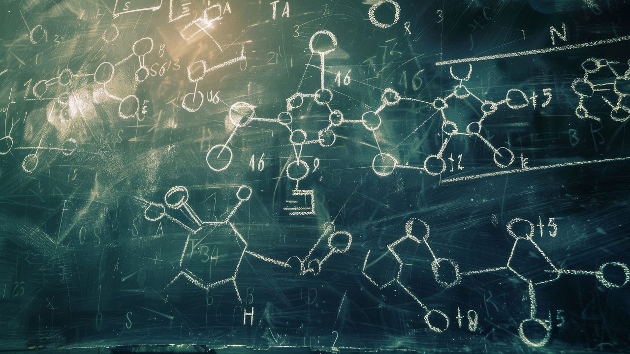 Science Blackboard background with Scientific equations written in white chalk.