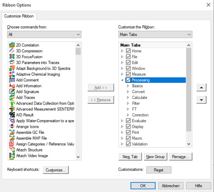 Ribbons can be customized with user rights of Admin or LabManager.