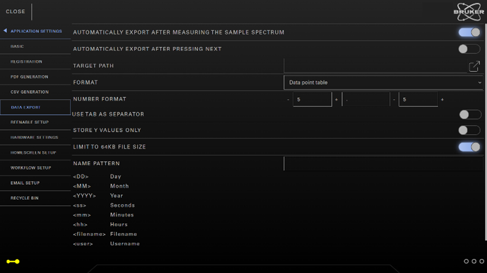 OPUS-TOUCH Screenshot of data export setting.