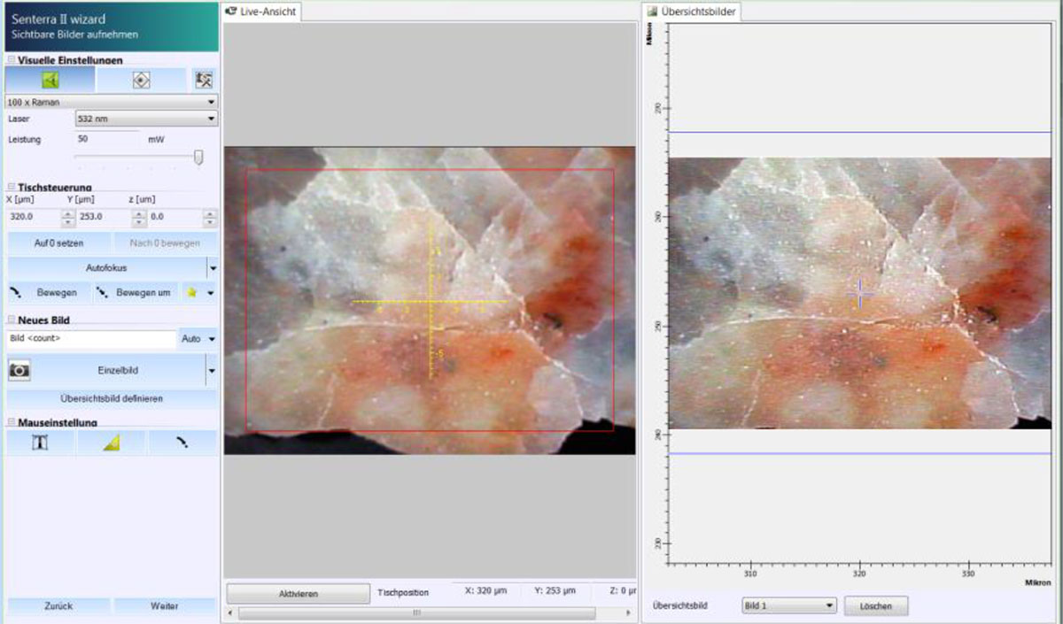 Video-guided measurement for Senterra II guides the operator through the Raman microanalytical workflow. All relevant hardware adaptations are performed automatically. Visual sample inspection state with single or multi-image snapshots.