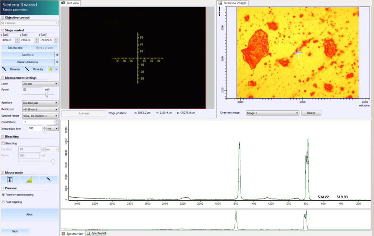 Mapping and imaging measurement parameter setup with single spectrum live-preview measurements.