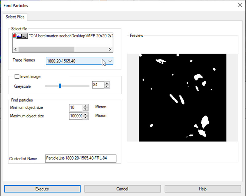 Applying “Find Particles” function on chemical image.