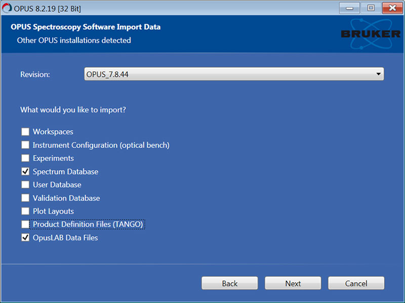 Optional import of data from previous revision of OPUS. Warning: import files from previous revisions at own risk. OPUS may not be able to read older files.