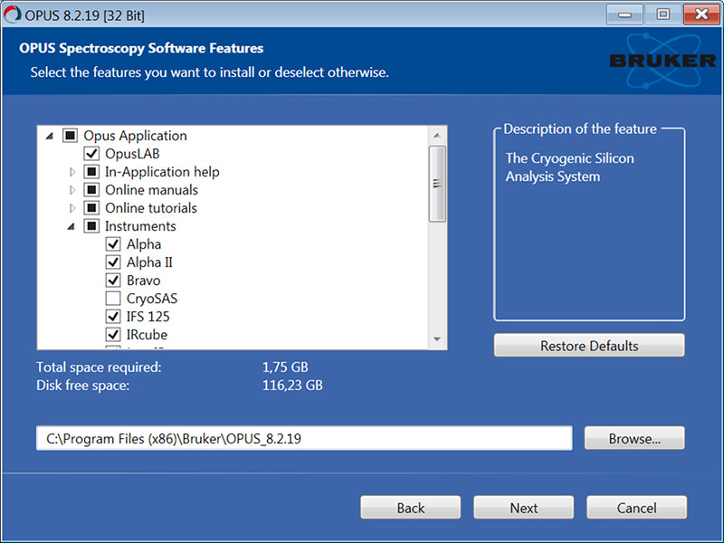 Feature selection – add or remove features and optionally select OPUS application directory. Warning: removing features removes functionality from OPUS.