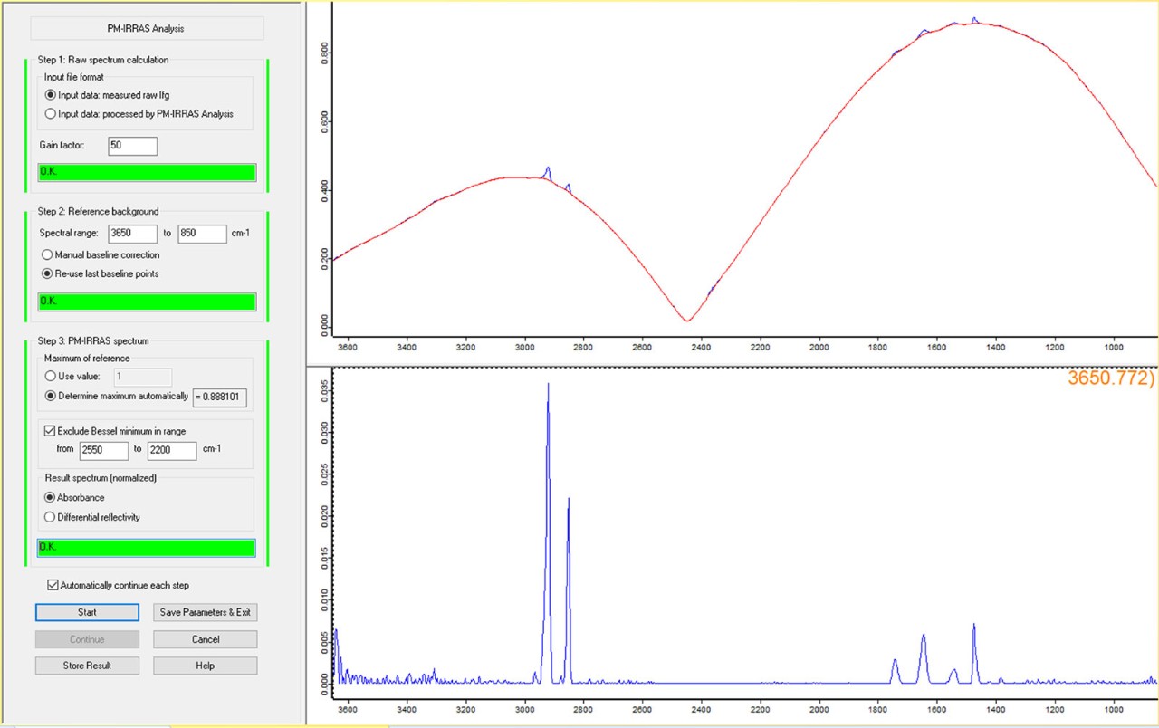 This dialog provides an automated calculation of PM-IRRAS absorbance or reflectance spectra from previously measured interferogram data.