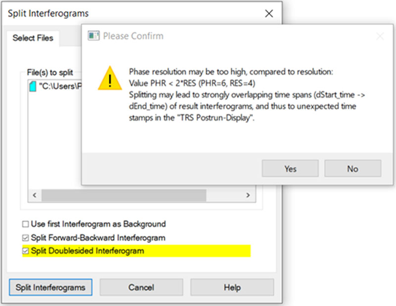 Split Interferograms dialog with warning message.