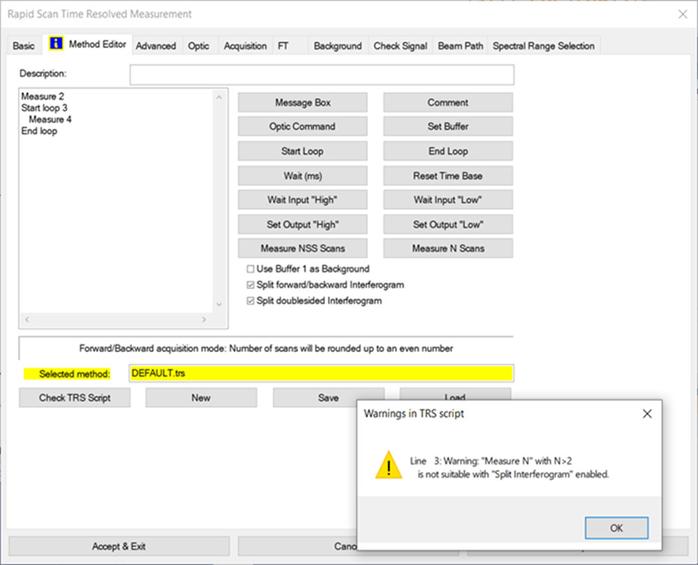 Rapid Scan TRS measurement with warning message.