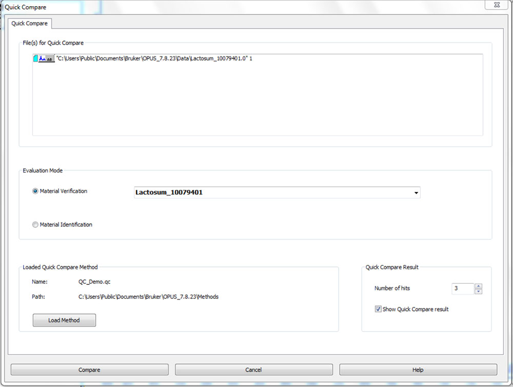 Two evaluation modes are available: Material Verification and Material Identification. In the first case an expected reference is selected.