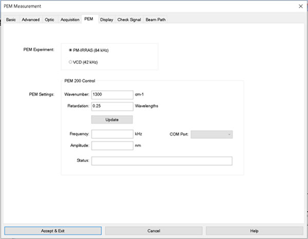 The dialog allows to setup an PM-IRRAS or VCD experiment. During the measurement process, OPUS automatically sends all necessary commands to the attached PEM controller.