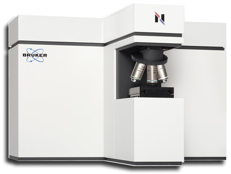 High-performance Raman microscope by Bruker featuring multiple objective lenses and a sleek, modern design for advanced chemical analysis and imaging.
