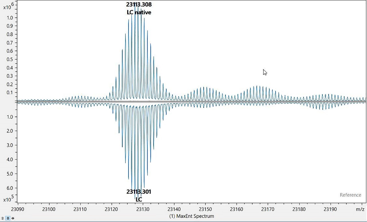 Butterfly plot showing a deconvoluted spectrum from a test sample and a reference.