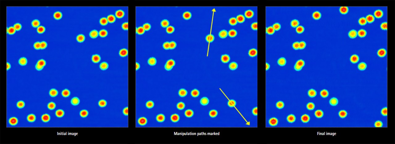 polymer nanoparticles, pictured as red spots with bright green borders, on a flat blue background