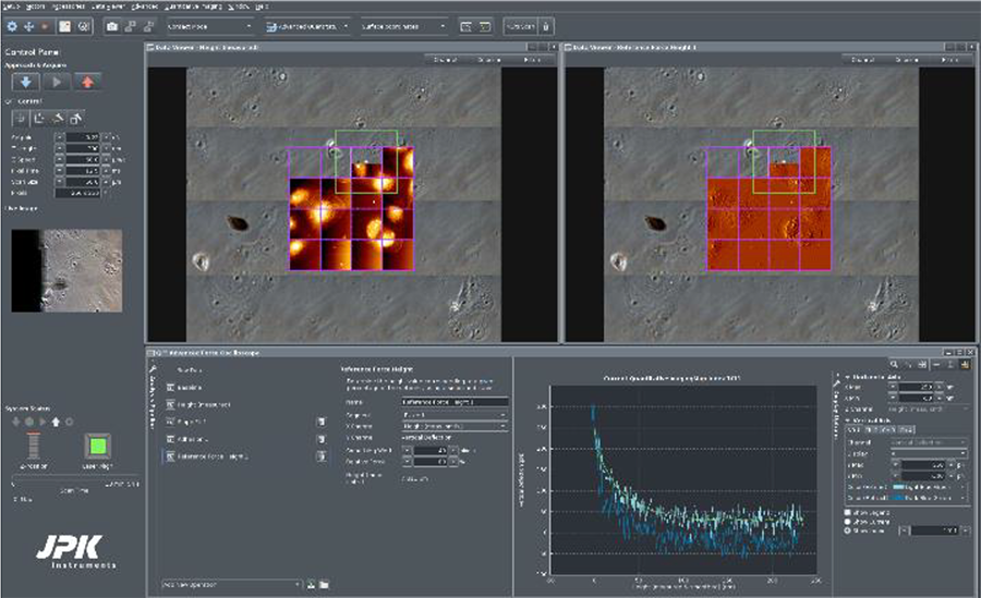 NanoWizard software screenshot showing Vero cells imaged in PBS at 37°C. Optical tiling (500 × 500 µm²) with selected scan area in magenta. Includes height map, pixel difference map, and force curve. Scan used PFQNM-LC-A cantilever with blunt tip.