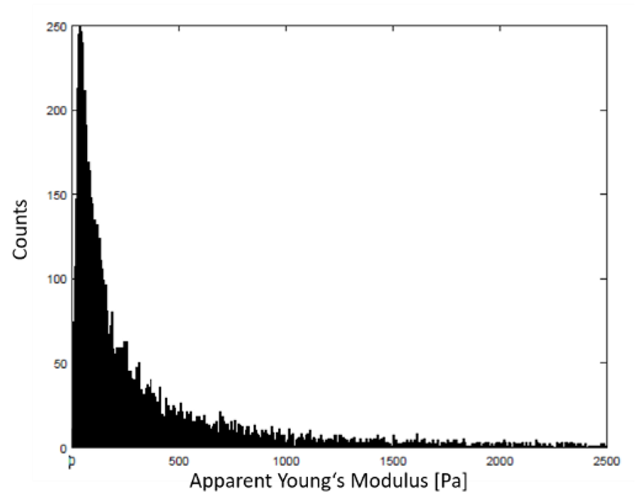 Histogram showing unimodal distribution of apparent Young’s modulus from cervix tissue indentation data.