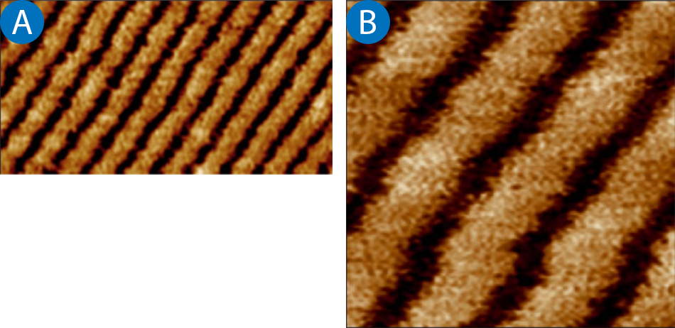 AFM images of hexacontane on HOPG showing a 7.5 nm-wide lamella. (a) Full view, 95 x 50 nm; (b) Zoomed-in view, 30 x 30 nm