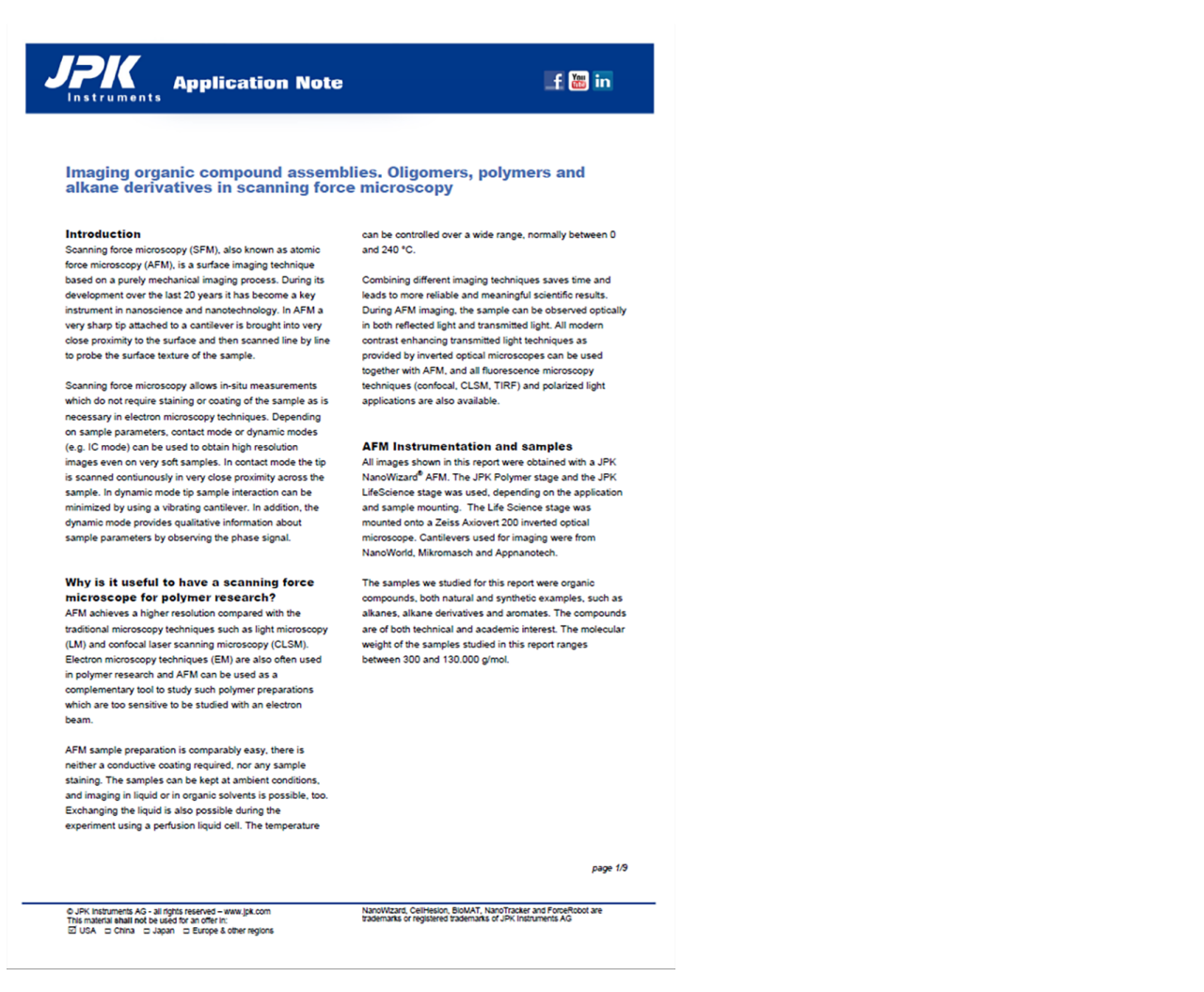 Front page of application note on AFM studies of alkanes, aromates, and polymers, showing surface and molecular-level analysis, including fluorescence microscopy.