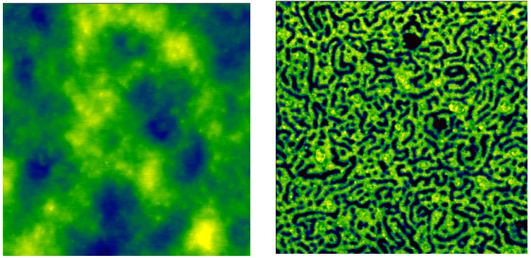 AFM height and phase images of SBS block copolymer in IC mode. Image size 1 x 1 pm. Phase contrast: dark = polybutadiene, bright = polystyrene.
