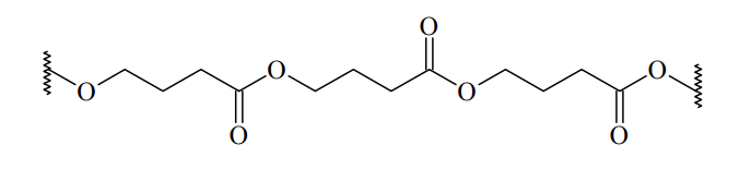 Chemical structure of poly-hydroxybutyrate, formed by polycondensation of ω-hydroxy butyric acid monomers.
