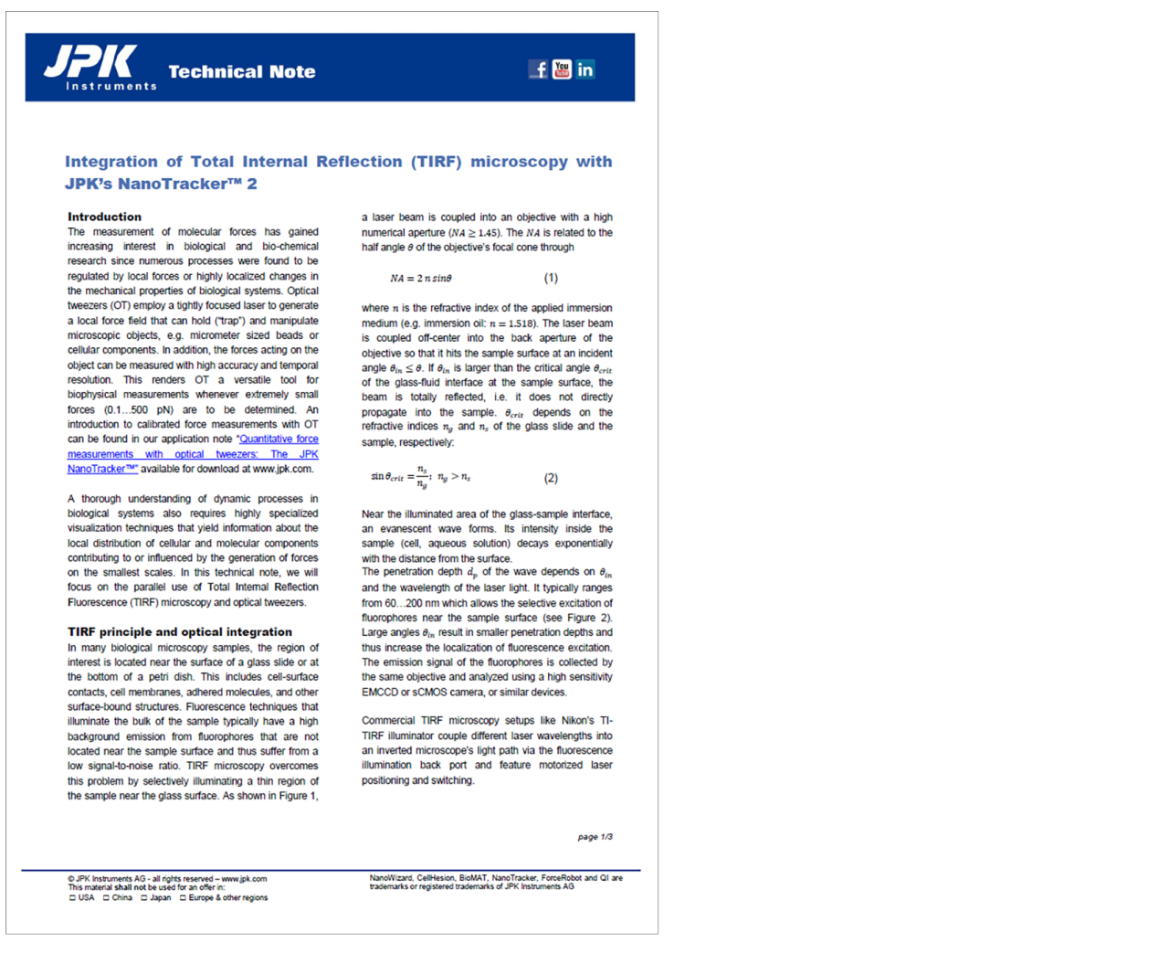 Front page of technical note on using TIRF and optical tweezers with Bruker's NanoTracker 2 to study single-molecule forces and dynamics.
