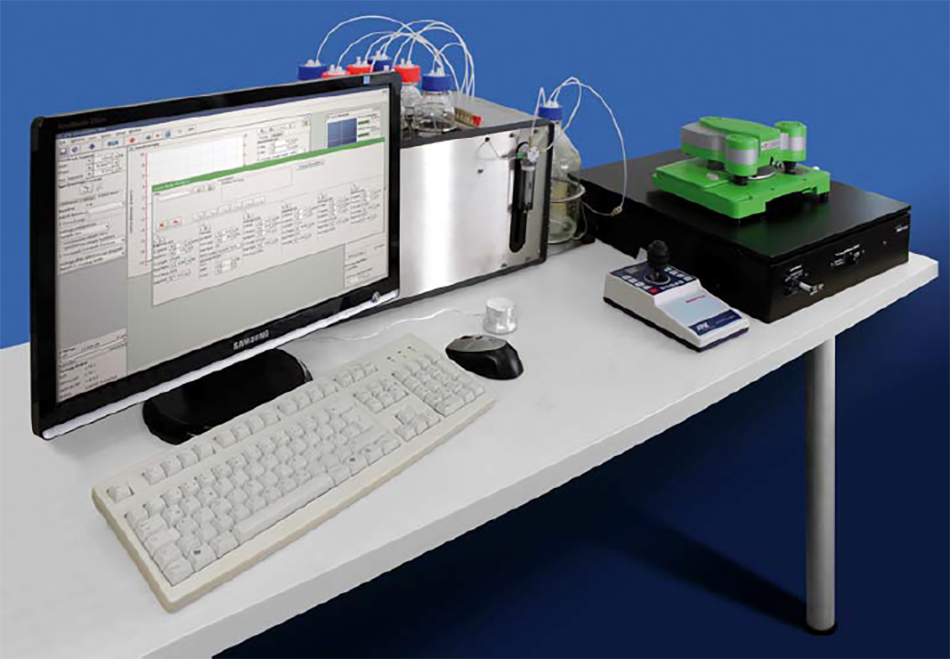 Image shows the ForceRobot® 300 on the MappingStage with a joystick, 8Channel FluidicsModule™, and ForceRobot Software.