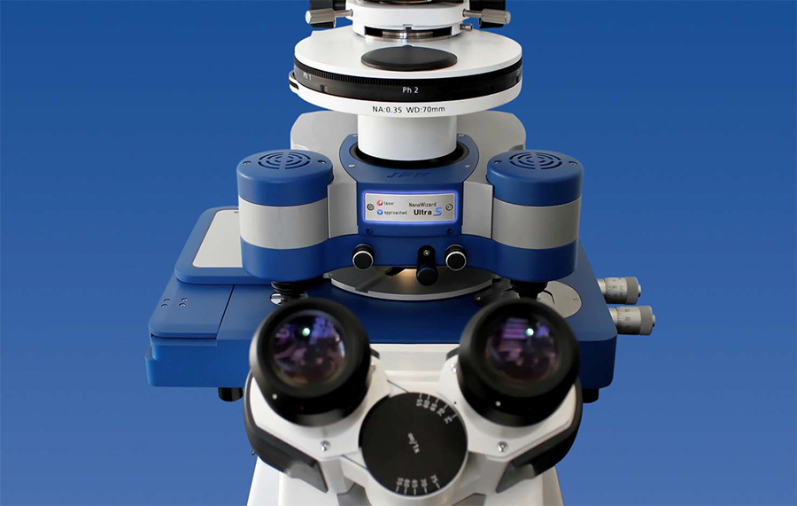 NanoWizard® ULTRA Speed AFM setup on an inverted Zeiss microscope with a motorized stage.
