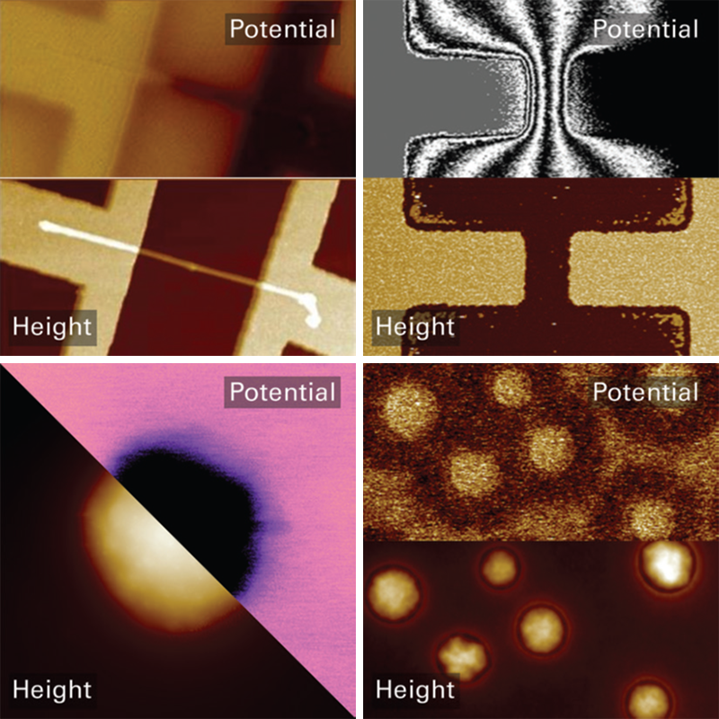 InP nanowire between biased contacts, isolated contacts, PS‑LDPE surface, and toner particle; scan sizes 2 µm–25 µm.