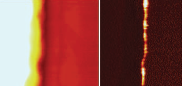 Topography (left) and tunneling (right) images of an 8.5nm-thick SiO2 sample. 2μm scan size, 200fA current scale.