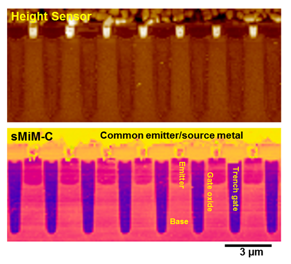 PeakForce sMIM imaging of IGBT device showing enhanced topography, electrical detail, and improved tip lifetime in metal and semiconductor regions.