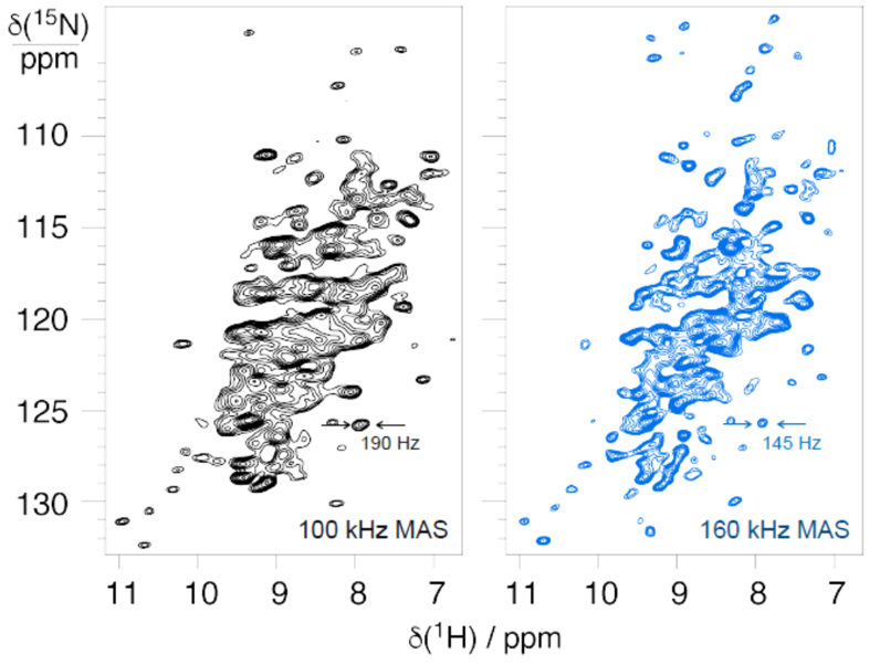 Figure 5: Proton detected CP-based 1H-13C correlation from a fully protonated solid biological sample (SH3 domain of chicken alpha-spectrin).