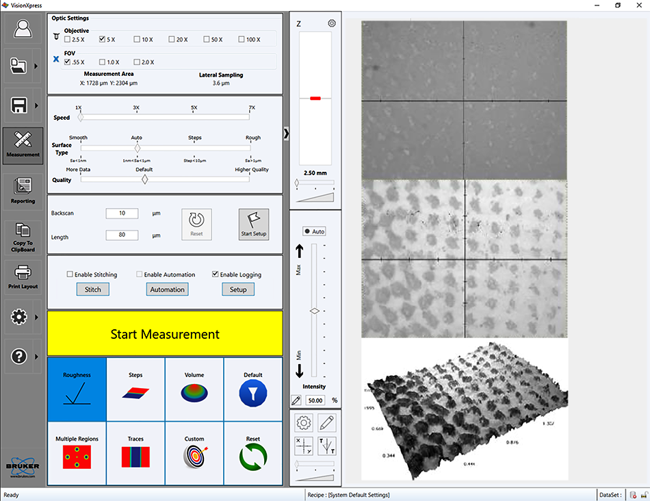 An image showing two panels side by side. The left panel shows a computer screen displaying the VisionXpress interface, with several tabs and buttons for controlling the analysis process. The right panel shows three images stacked on top of each other. The top image shows a live image of a sample without external ring illumination. The middle image shows the same sample with external ring illumination. The bottom image shows the final 3D representation of the sample, with an overlay of the all-in-focus intensity image.
