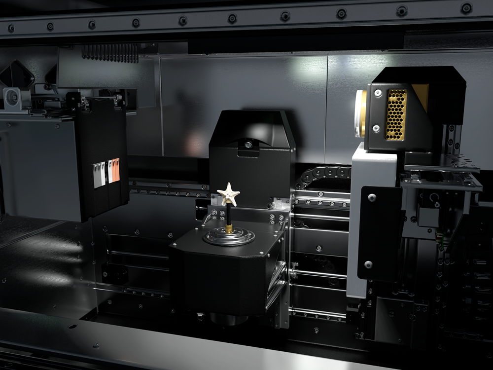 Image showing the location of a starfish sample within the X4 POSEION. The sample is in the center of the machine located between the X-ray source and moveable detector screens (1 x flat panel, 1 x sCMOS).