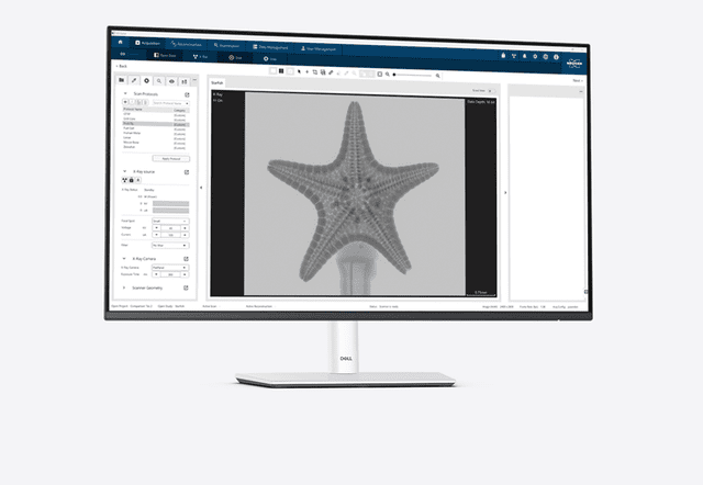 Image of a computer screen displaying 3DxSUITE software for micro-CT / 3D XRM. The software is processing a 3D X-ray image of a starfish as an example.