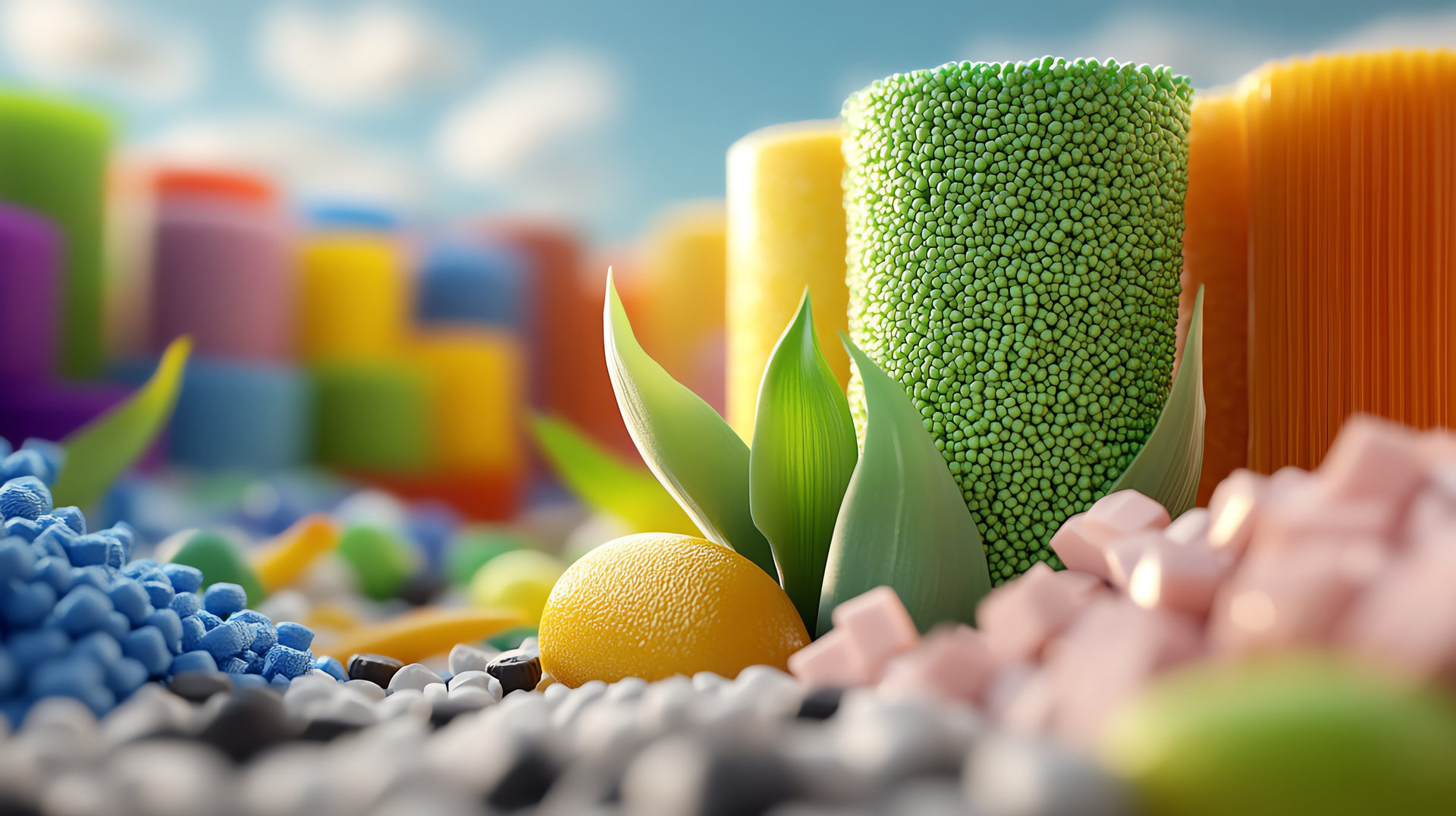 Sustainable materials research, biodegradable plastics innovation, 3D illustration