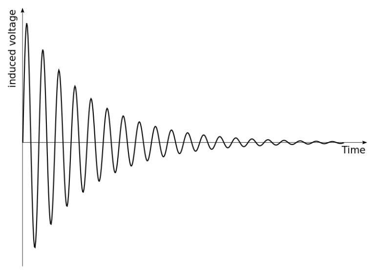 Schematic of the raw signal from an NMR free-induction decay. (By Nmr_fid_good_shim.svg: GyroMagician derivative work: Imalipusram (This file was derived from Nmr fid good shim.svg:) [CC BY-SA 3.0 or GFDL], via Wikimedia Commons.)