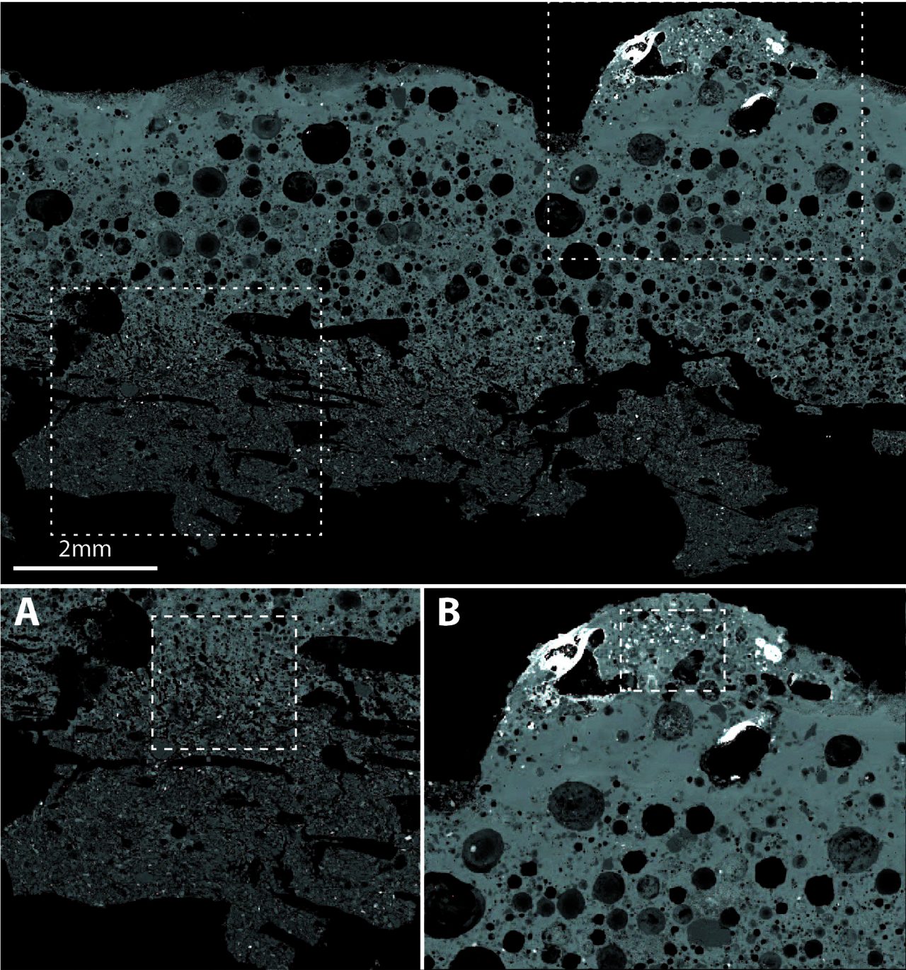 Backscatter BSE image of a cross-section cut through a piece of chalcolithic age furnace ceramic. The left side of the image shows the original exterior of the ceramic vessel. The right side is the original interior, which would have held the ore during smelting. In the BSE image, bright areas are those with the highest concentration of dense elements (here copper). The red boxes show the locations of the compositional maps shown below. Samples provided courtesy of Prof. Aaron Shugar, Buffalo State College SUNY. 