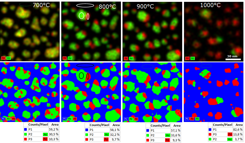 EDS element maps at different temperatures and the areal coverage 