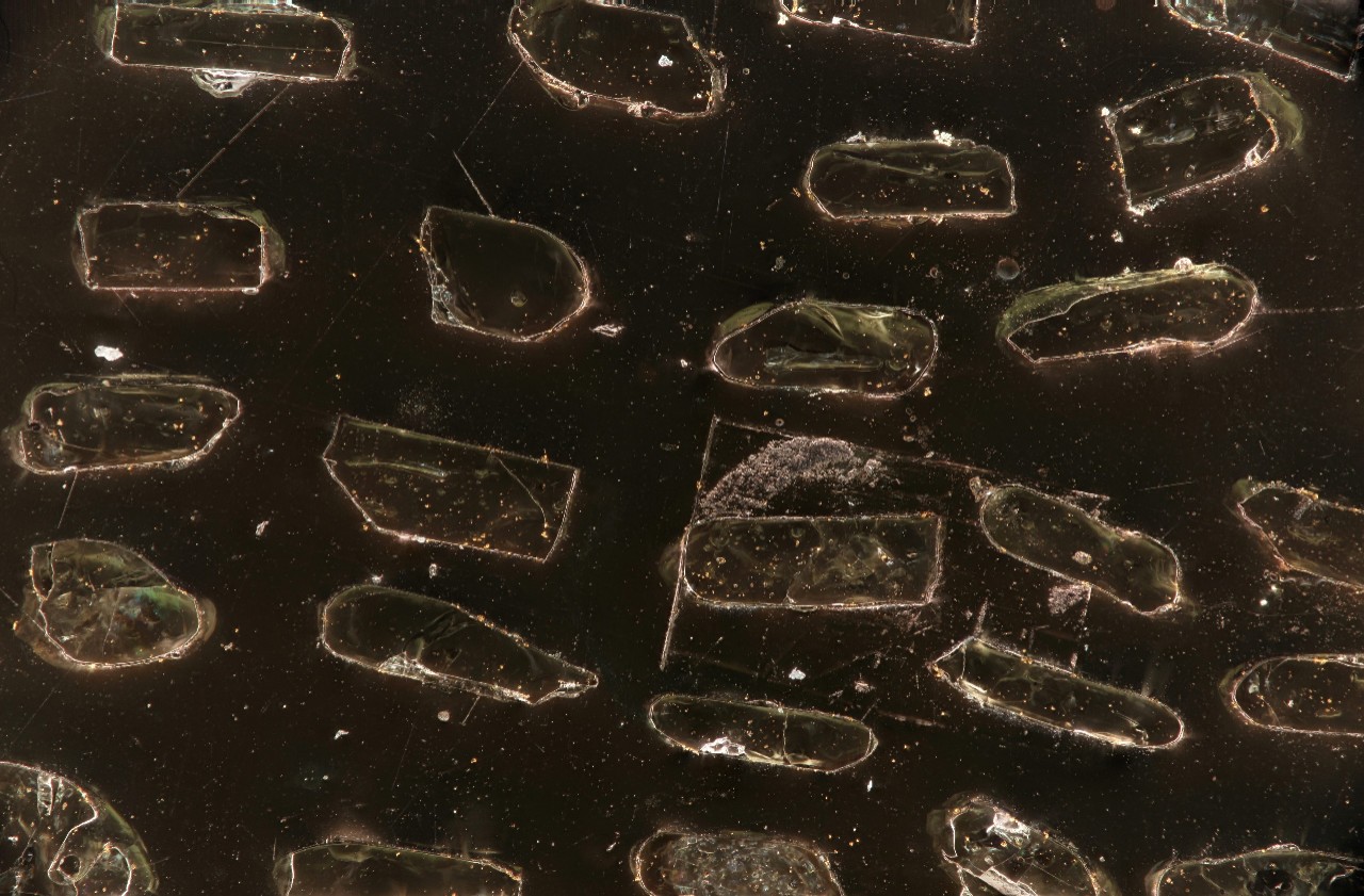 Zircons mounted on a glass plate
