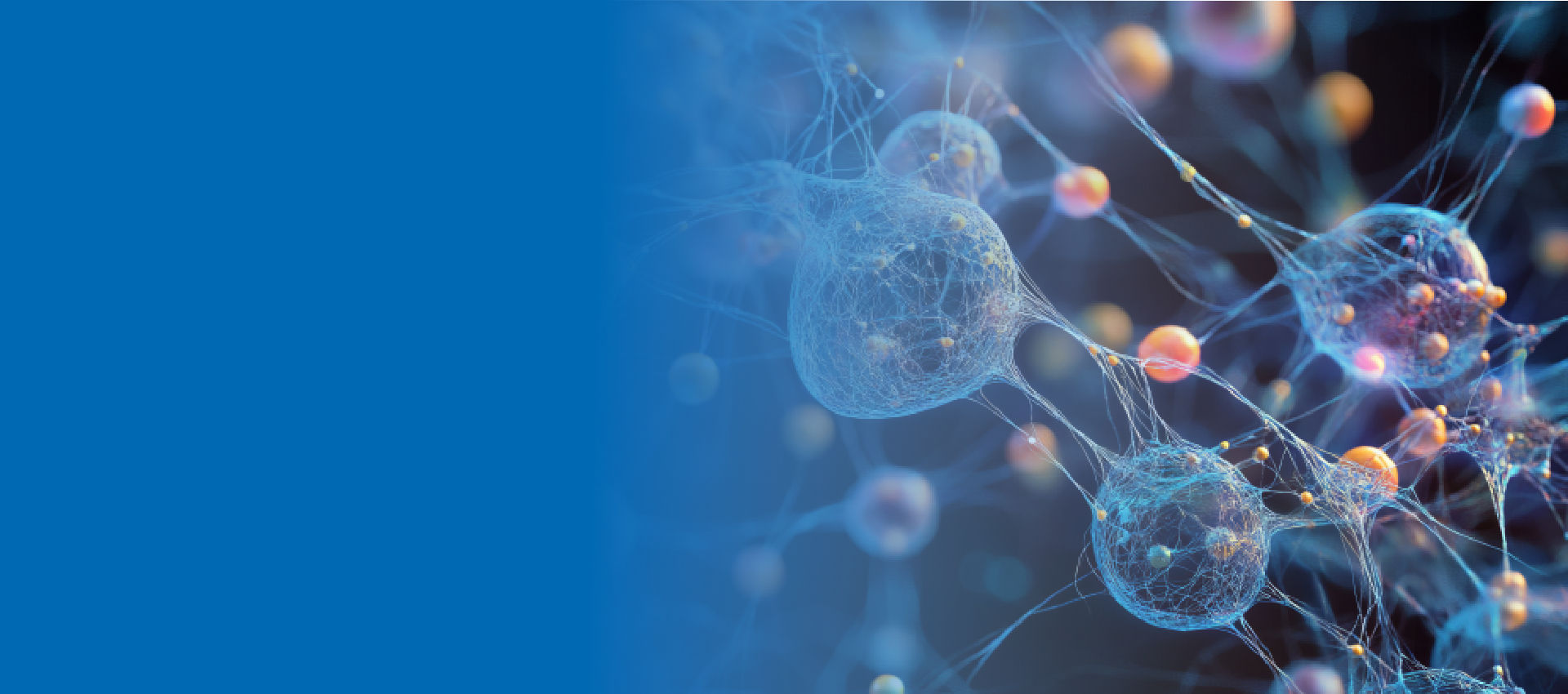 Abstract visualization of interconnected neurons and neural networks, glowing in blue with colorful nodes against a dark background.