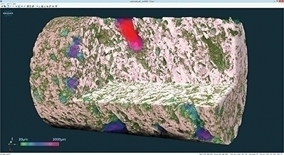 Representación volumétrica de la estructura interna de una roca carbonatada.