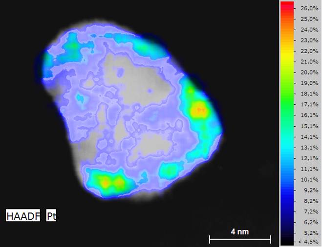 Imagen HAADF de una partícula de cáscara de núcleo Pd Pt superpuesta con su mapa Pt cualitativo