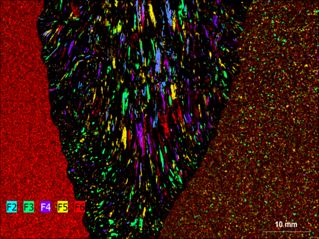 Distribución de cristalito en una junta de soldadura grande. 6,6 x 5 cm² medidos en menos de 8h con una resolución espacial de 20 µm. El tamaño y la dirección de los cristalitos en la junta de soldadura se correlacionan con el gradiente de enfriamiento. Además, los diferentes aceros muestran diferentes propiedades del cristalito.