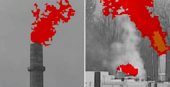 Izquierda: Imagen de identificación de SO2. Derecha: Imagen de identificación de metano (rojo) y etileno (naranja) en el residuo de gas natural.