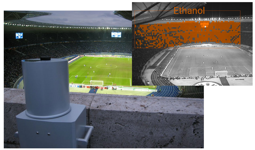 SIGIS 2 surveilling the final of the DFB cup in the Olympic stadium in Berlin. Even the ethanol cloud originated from beers consumed during the game can be remotely identified and visualized by SIGIS 2 (inset).