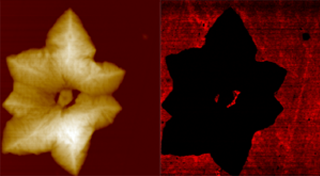 Combination of atomic force microscope images: (Left) a topography image of P3HT-PCBM under short circuit conditions; (Right) a photoconductive image of P3HT-PCBM under short circuit conditions.