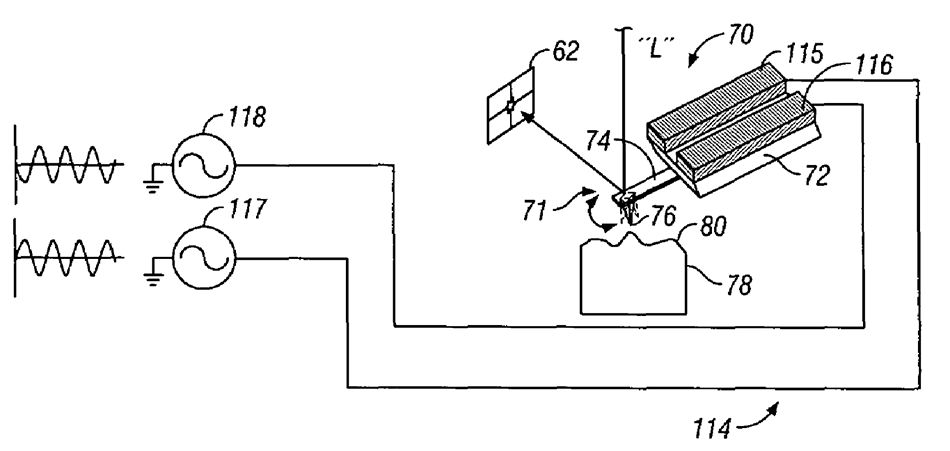 Figure 2 from the Bruker Nano Inc. patent US6945099B1, titled "Torsional resonance mode probe-based instrument and method." The image shows a schematic principle of dual piezoelectric elements used to drive the probe into torsional resonance.
