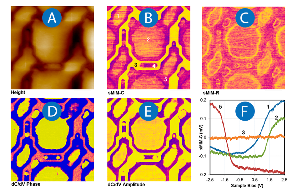 sMIM images of global-shutter CMOS sensor with 3 μm pixels showing topography, capacitance, resistance, and material differentiation.